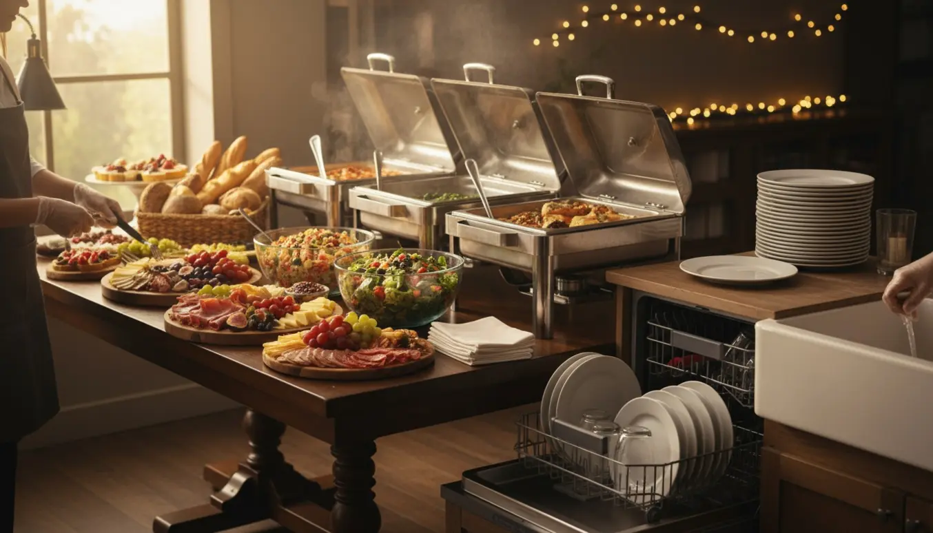 Buffetbord med forberedte cateringfade, hænder sætter service på plads og læsser opvask i en åben opvaskemaskine.