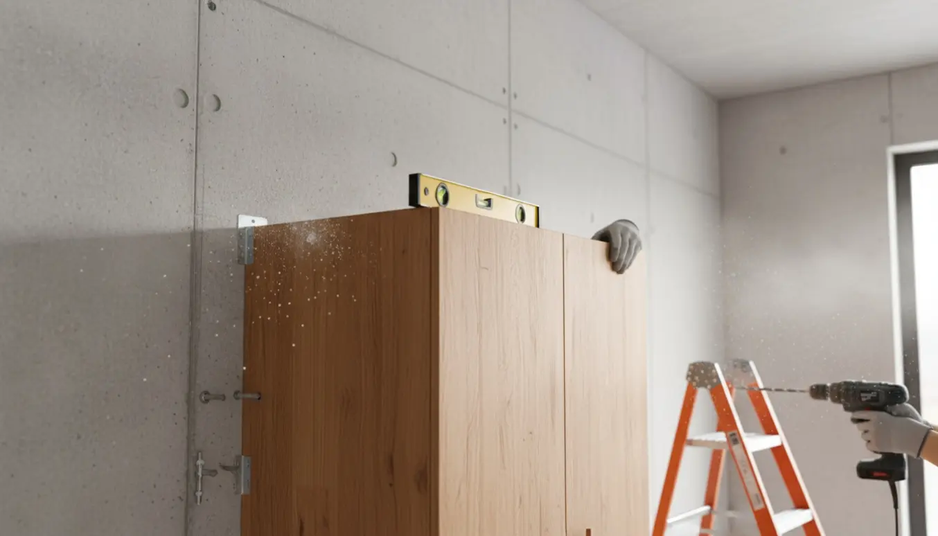 Hænder fastgør et højt garderobeskab til en betonvæg med vinkelbeslag og boremaskine.