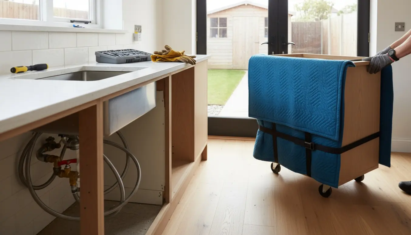 Køkken i renovering med fjernet underskab klar til opvaskemaskine, skabet står på trillevogn på vej til skuret.