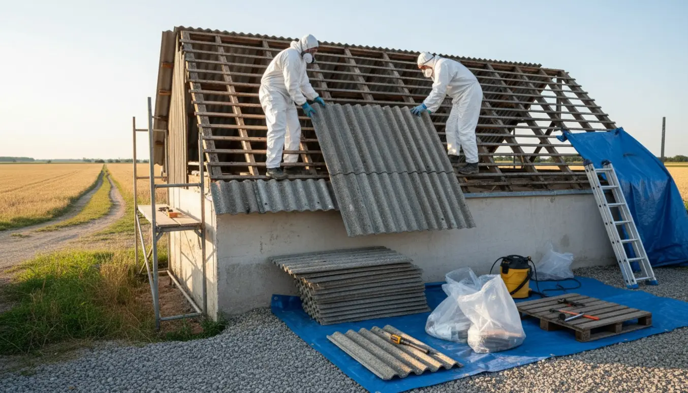 Udhus med halvfjernet eternittag, arbejdere i beskyttelsesudstyr fjerner og pakker gamle tagplader væk.