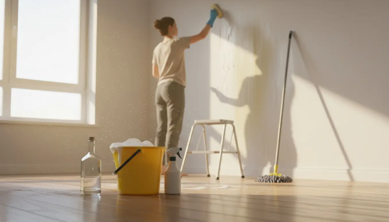 Nogen rengør lejlighedens væg og loft med svamp, eddikeflaske og moppe i blødt dagslys.