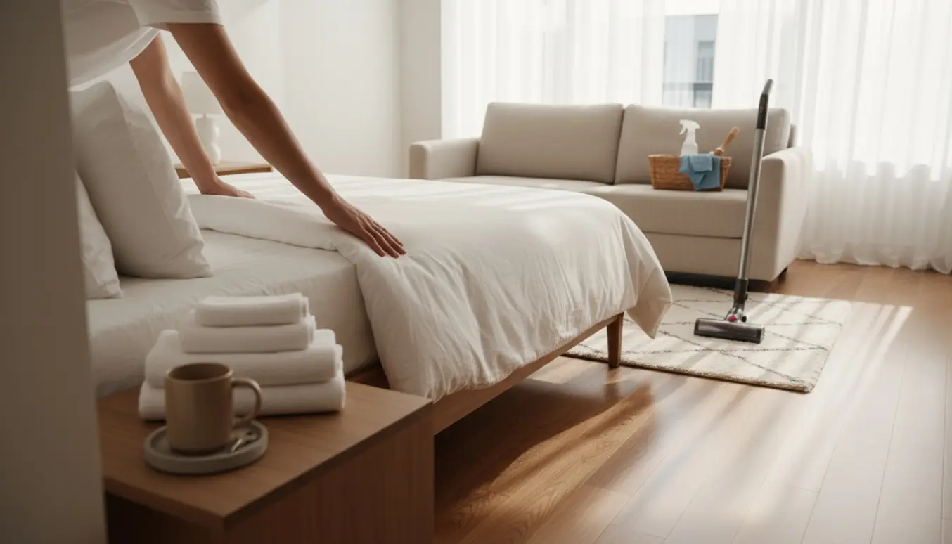 Hænder redder en seng i en sollys Airbnb-lejlighed med foldede håndklæder og rengøringsudstyr klar til gæster.