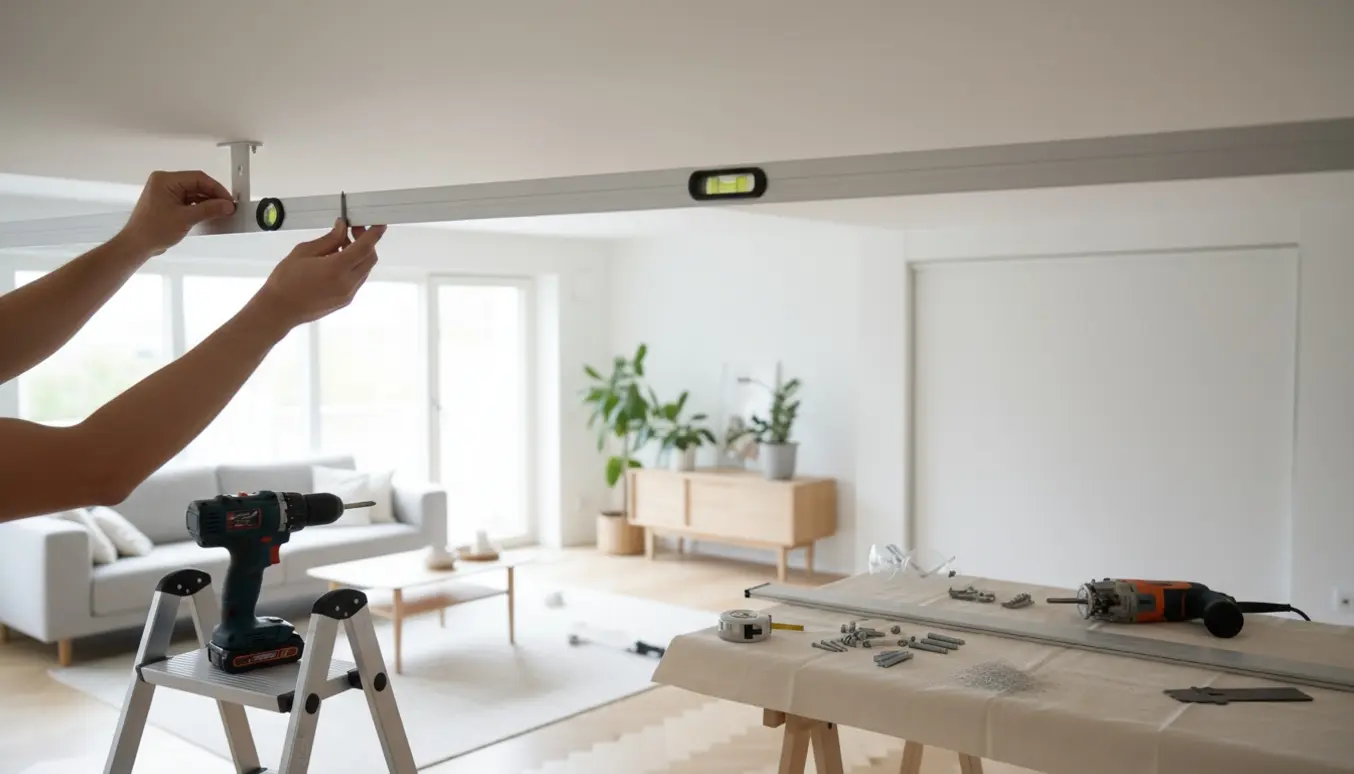 Nærbillede af montering af gardinskinne og rullegardin i et lyst rum med værktøj og ryddeligt finish.