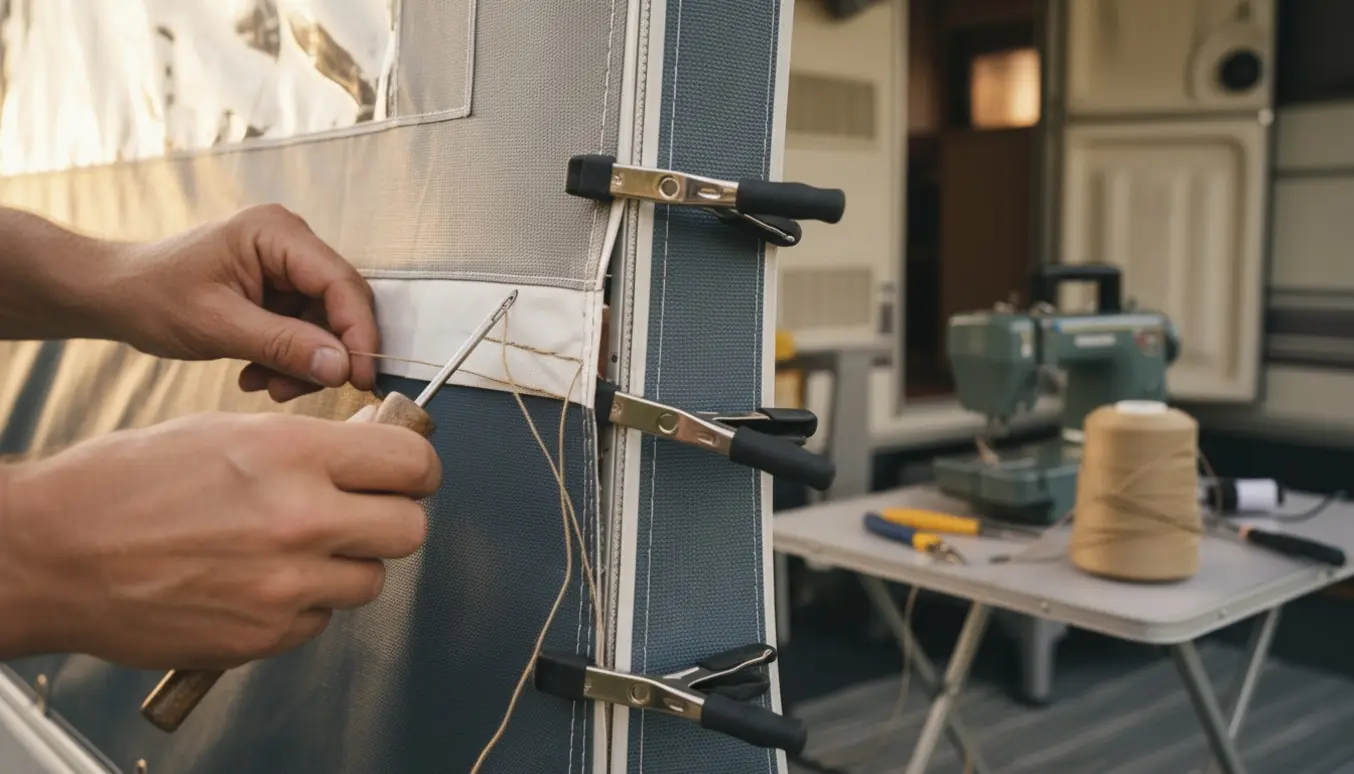 Hænder reparerer en åben 3 meter lang syning på et monteret fortelt med sygrej ved siden af.