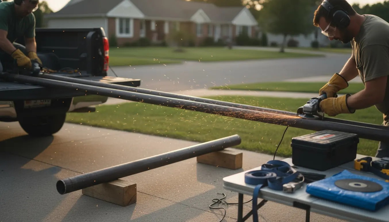 To lange stålrør lægger på en pickup og en hånd i arbejdshandske saver et rør op til afhentning.