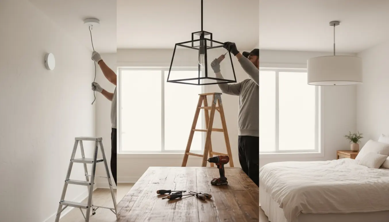 Tre loftslamper i forskellige rum under montering med stige og bore-/skruemaskine.