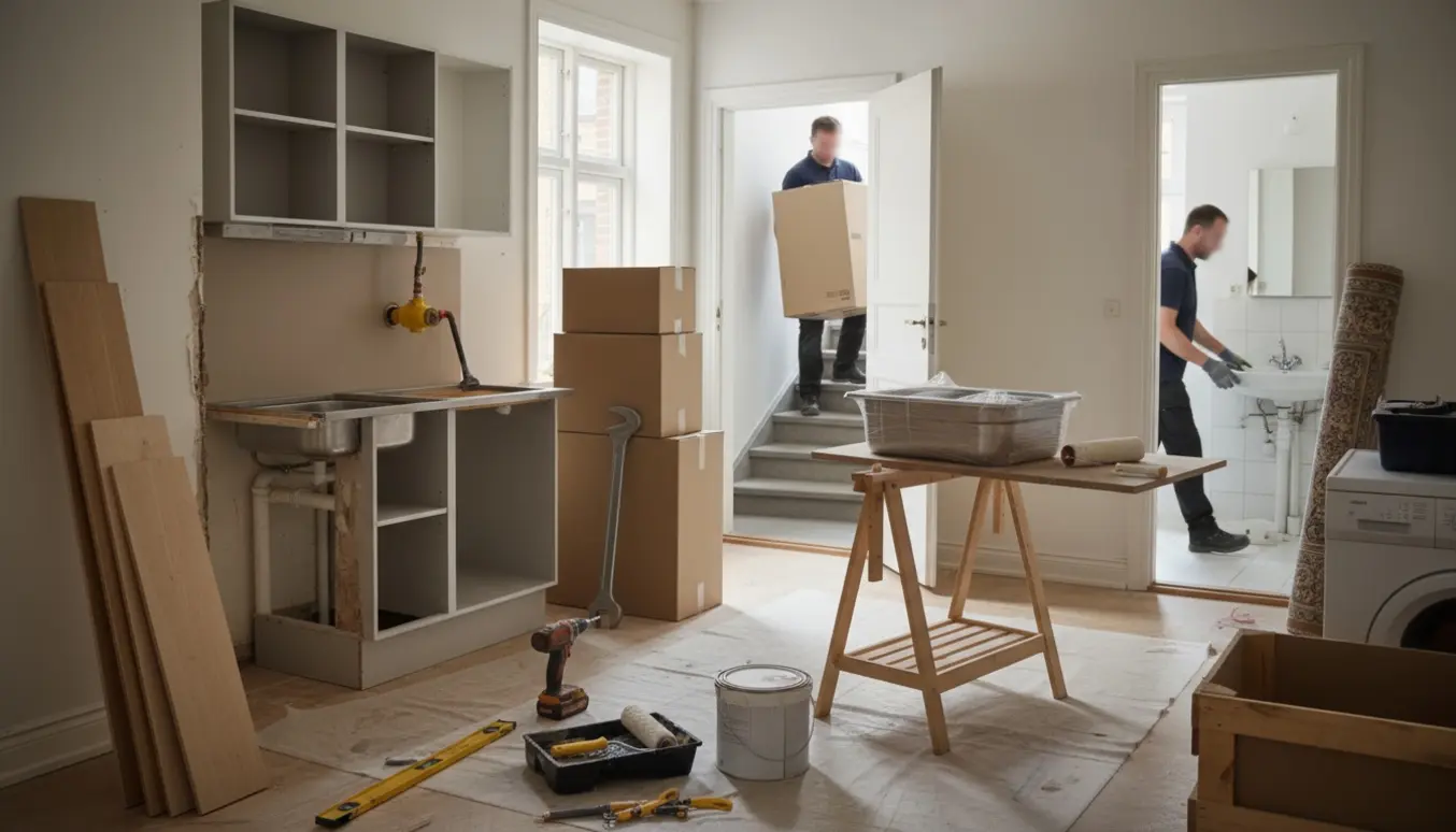 Halvfærdigt køkken under renovering med nye gulvbrædder, værktøj og kasser, håndværkere uden synlige ansigter.