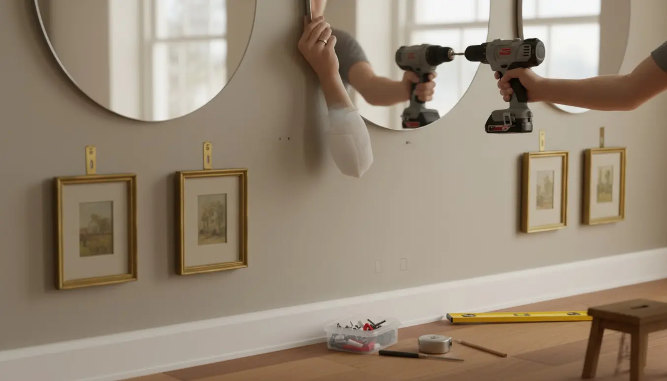 Hænder monterer spejle og malerier på en neutral væg med vaterpas og rawlplugs.