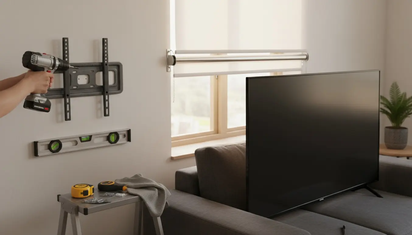 Hænder monterer et fladskærms-tv på væggen, mens et rullegardin er delvist opsat i vinduet.