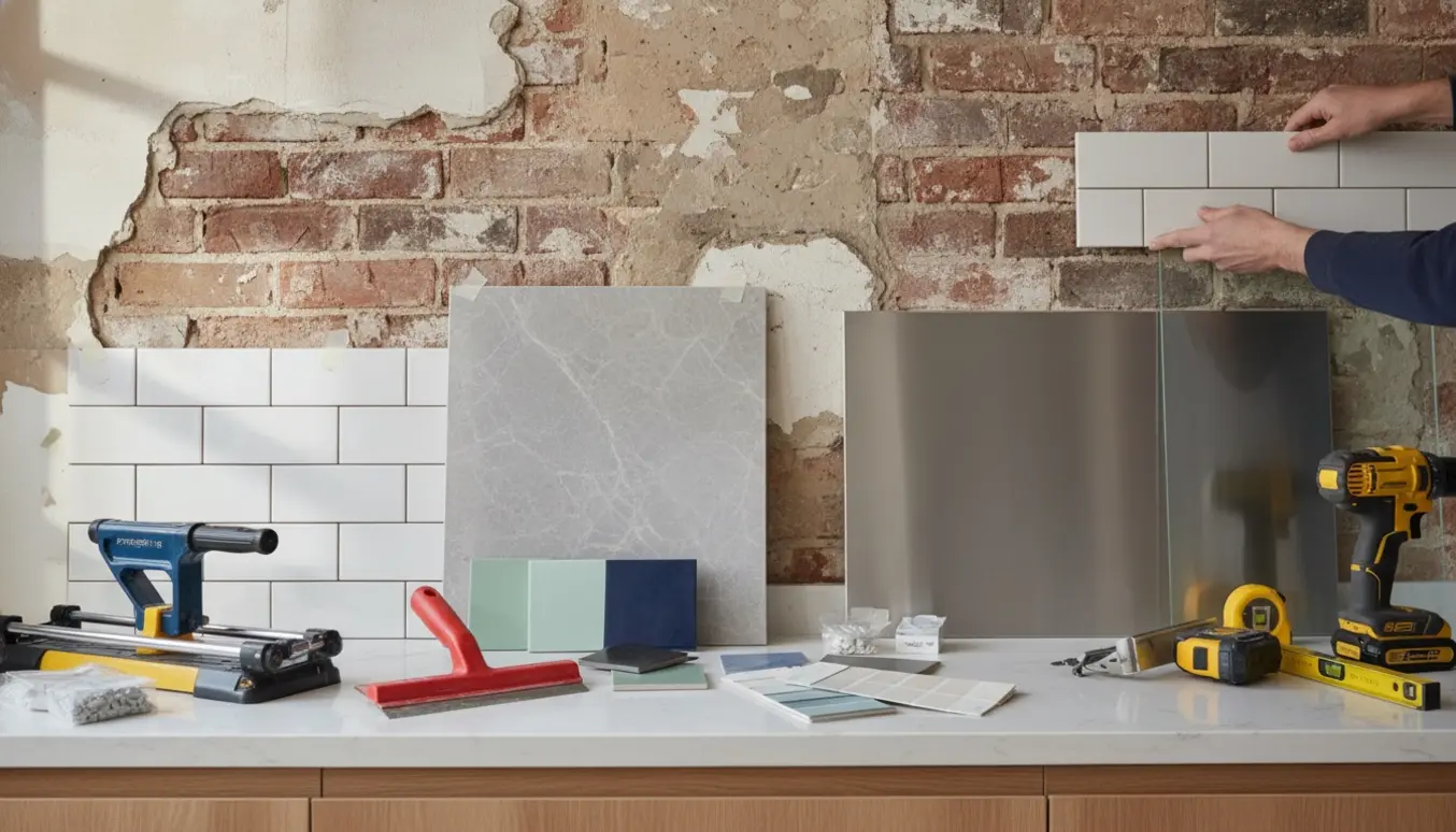 Køkkenvæg under renovering med flise- og stænkpladeprøver på bordet og hænder, der justerer en flise.