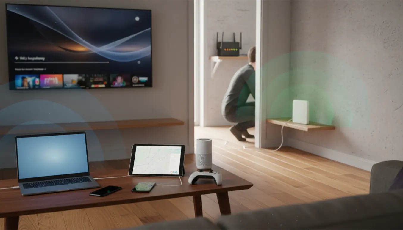 Hånd sætter et mesh‑wifi punkt op i gangen mellem bryggersets router og stuen med flere enheder på bordet.