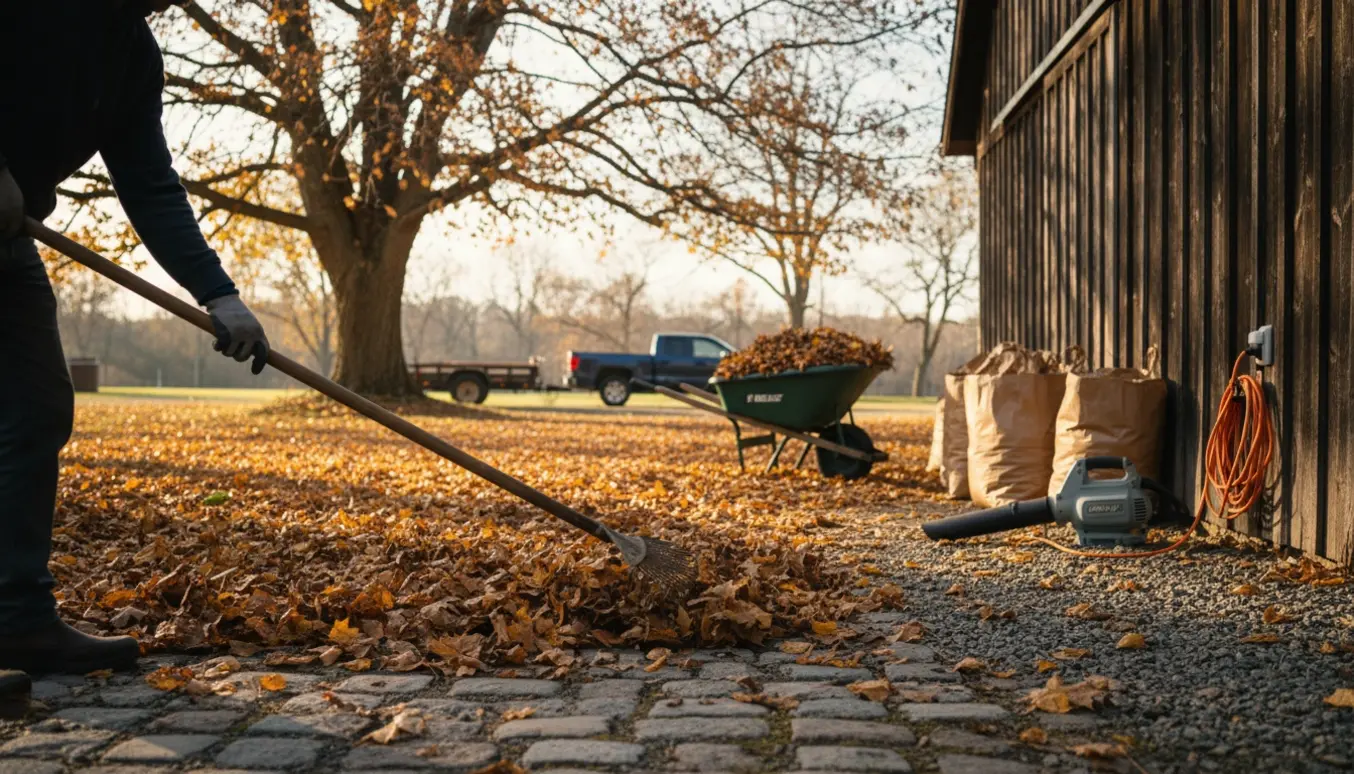Gårdsplads med store efterårsblade samlet i bunker, en person med ryggen til rager og en fyldt trillebør klar til bortkørsel.