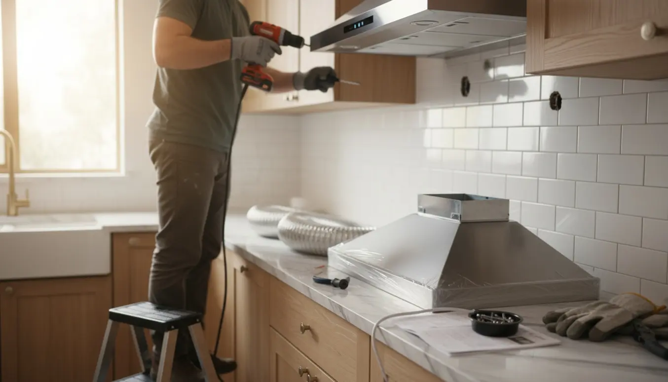 Tekniker afmonterer og opsætter en ny emhætte i et lyst, moderne køkken.