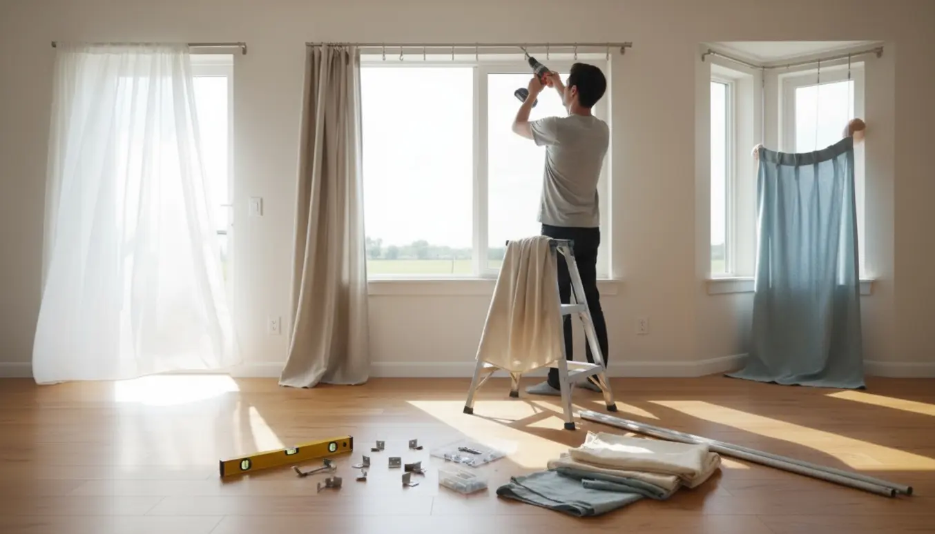 Person hænger gardinskinner og gardiner op i en lys stue med værktøj og stige.