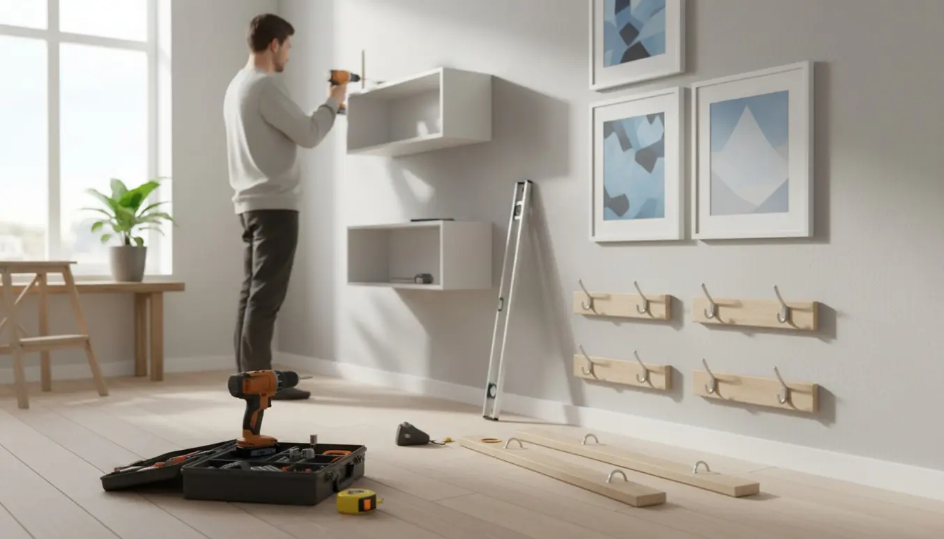 Hænder monterer billeder, moduls hylder og knager på en lys væg med værktøj i forgrunden.