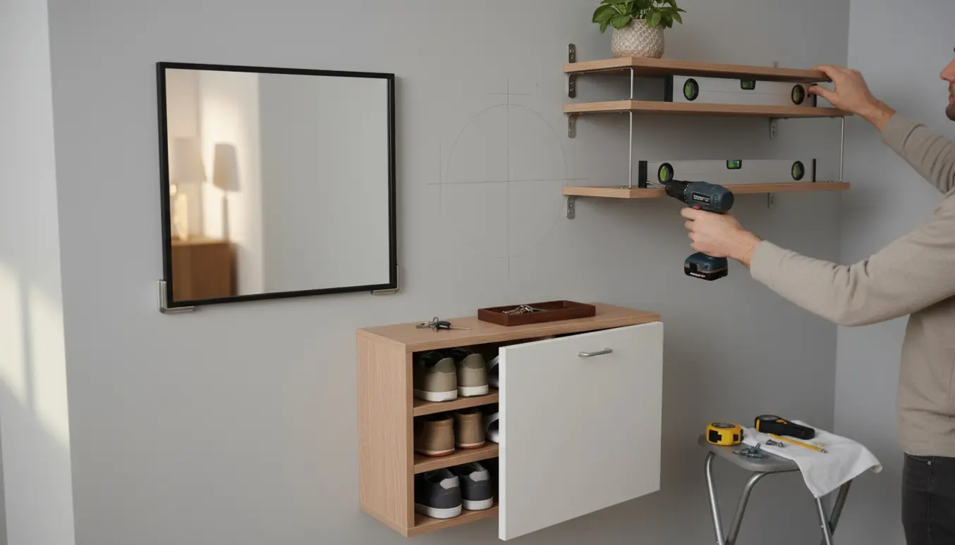 Person monterer et spejl, et skoskab og to væghylder i en entré.