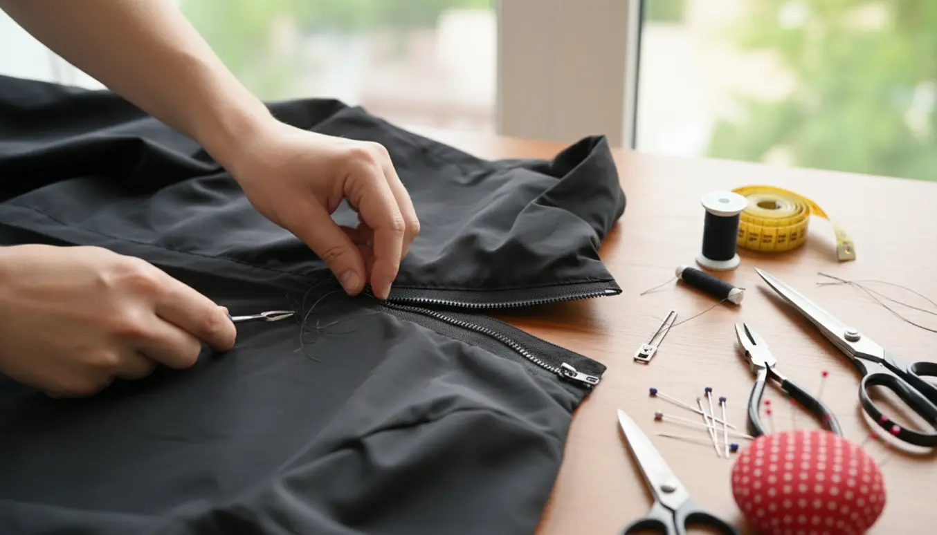 Nærbillede af hænder, der udskifter en ca. 20 cm lynlås i en sort polyesterjakke ved et lyst sybord.