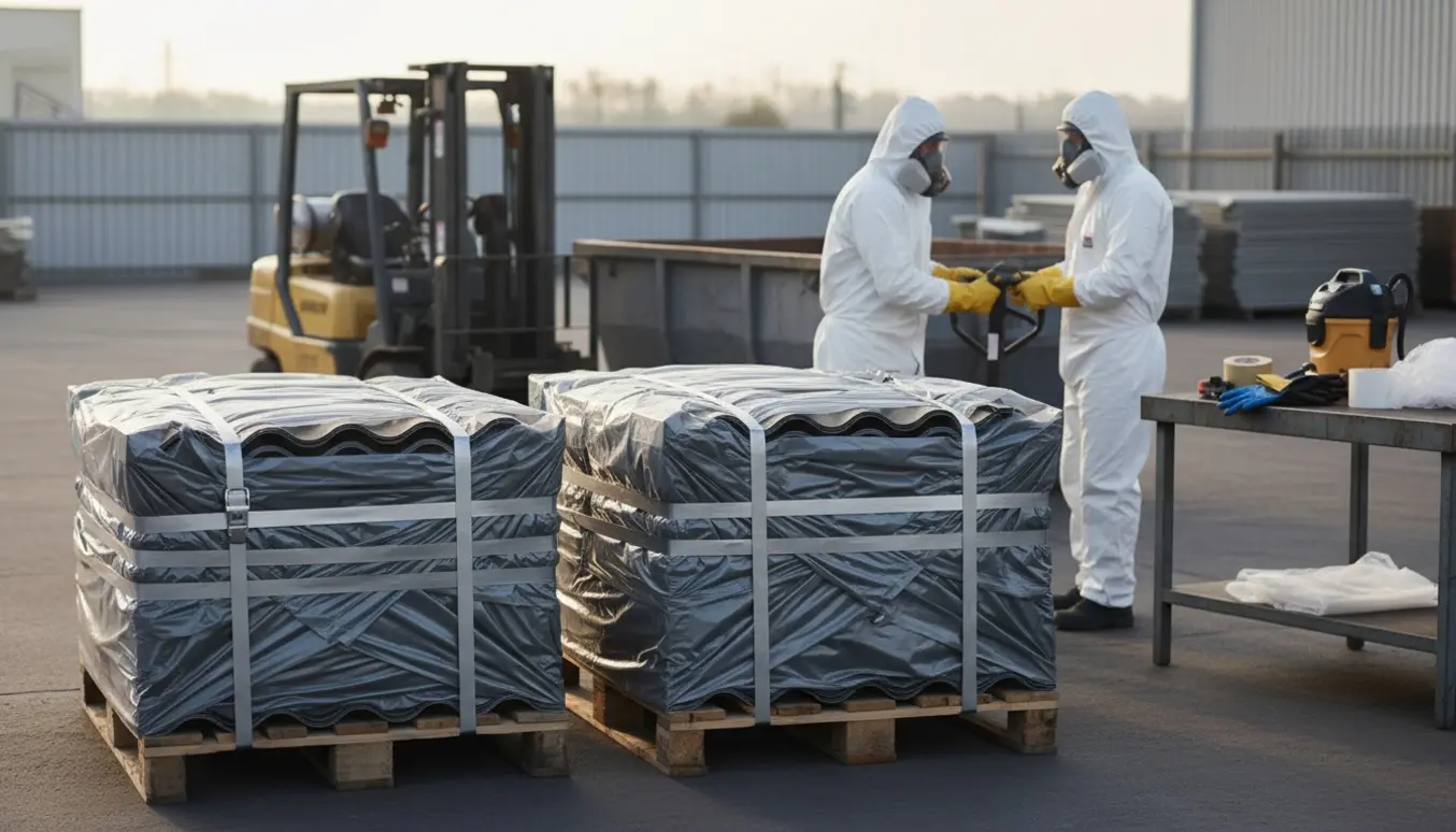 To paller med asbest-tagplader indpakket i kraftig plastik, håndteret af arbejdere i beskyttelsesdragter foran en affaldscontainer.