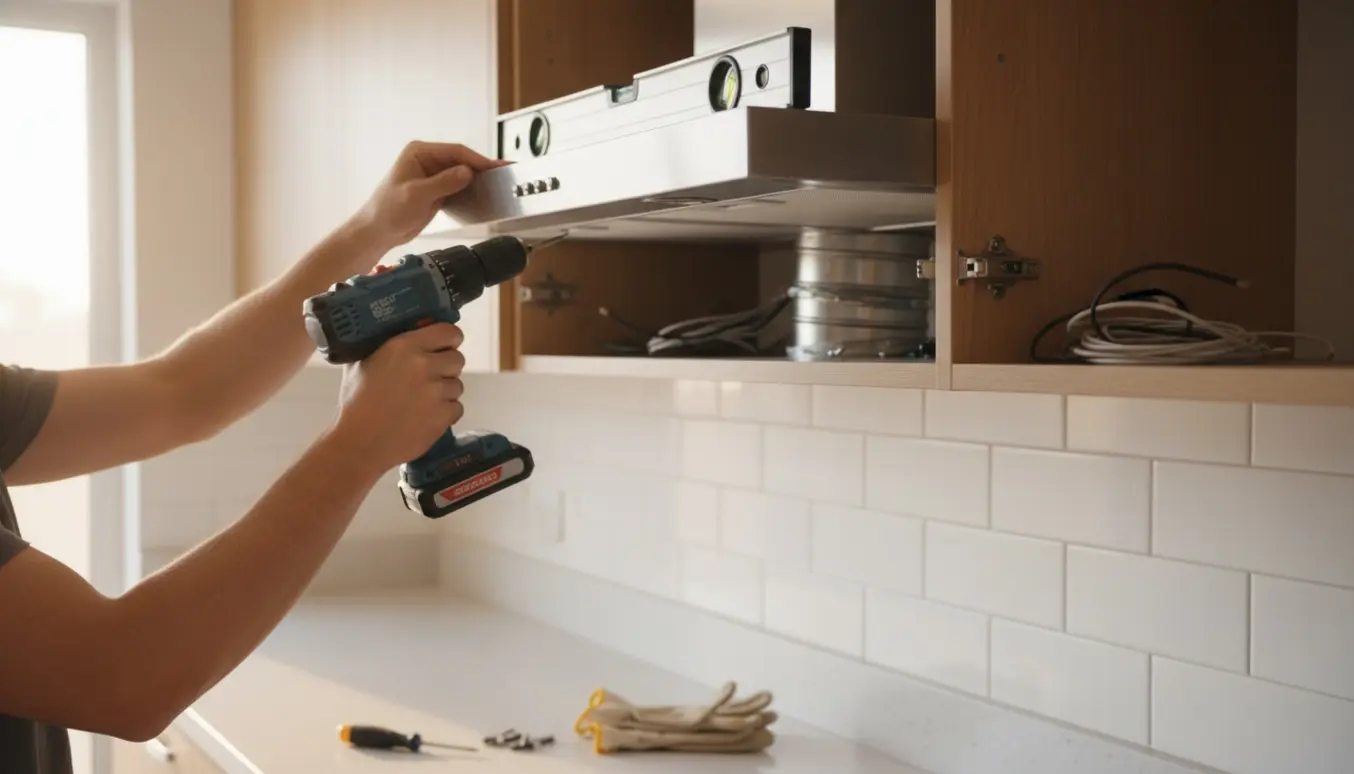 Nærbillede af hænder, der monterer en emhætte under et køkkenskab.