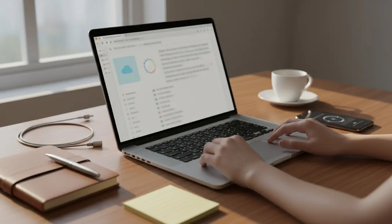 Bærbar på skrivebord med e-mailprogram og hænder, der opsætter to postkasser (icloud og gmail), uden synlige ansigter.