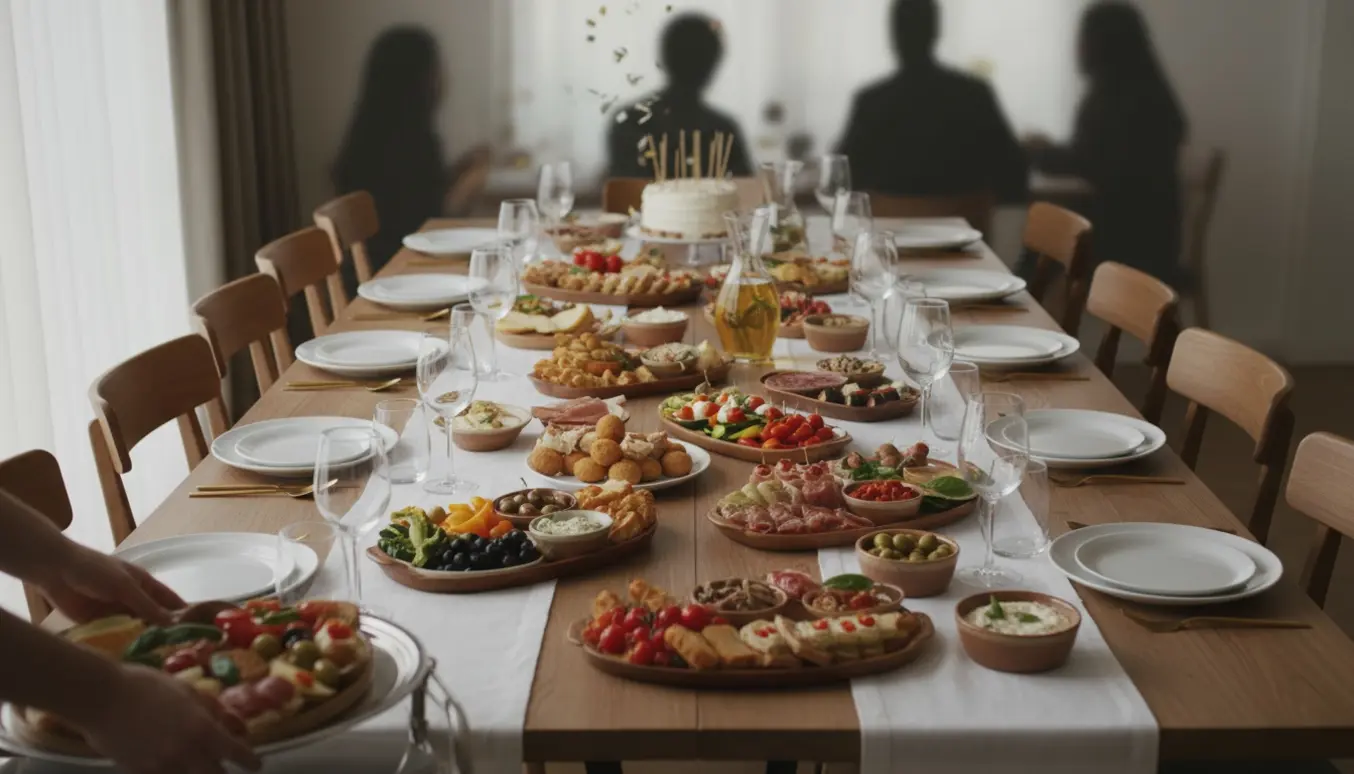 Hænder dækker bord og fylder tapasfade op ved to lange borde til en fødselsdag.