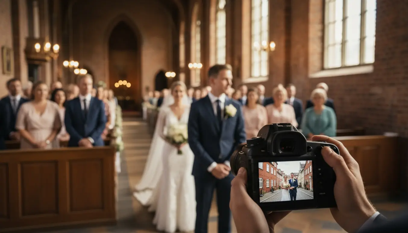 Fotografs perspektiv i en Østerbro-kirke: gommen venter, bruden træder ind, og kameraets skærm viser et portræt af parret.