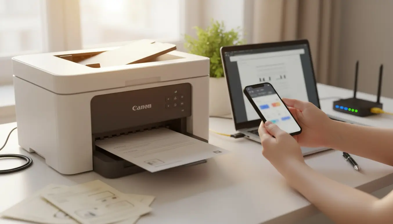 Hænder opsætter en Canon Maxify 2150‑lignende printer til Wi‑Fi med smartphone og laptop på et lyst skrivebord.