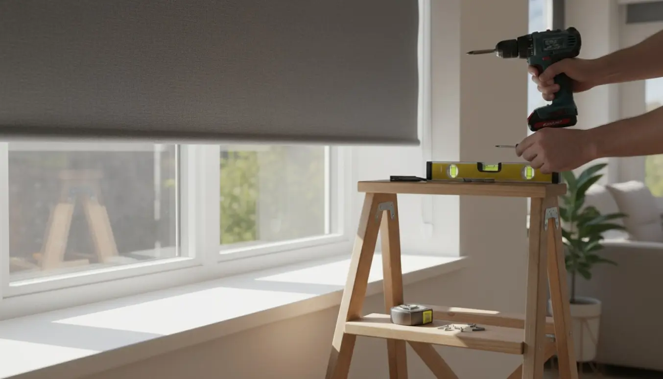 Hænder monterer et rullegardin i et lyst rum, blindet passer perfekt til vinduet.