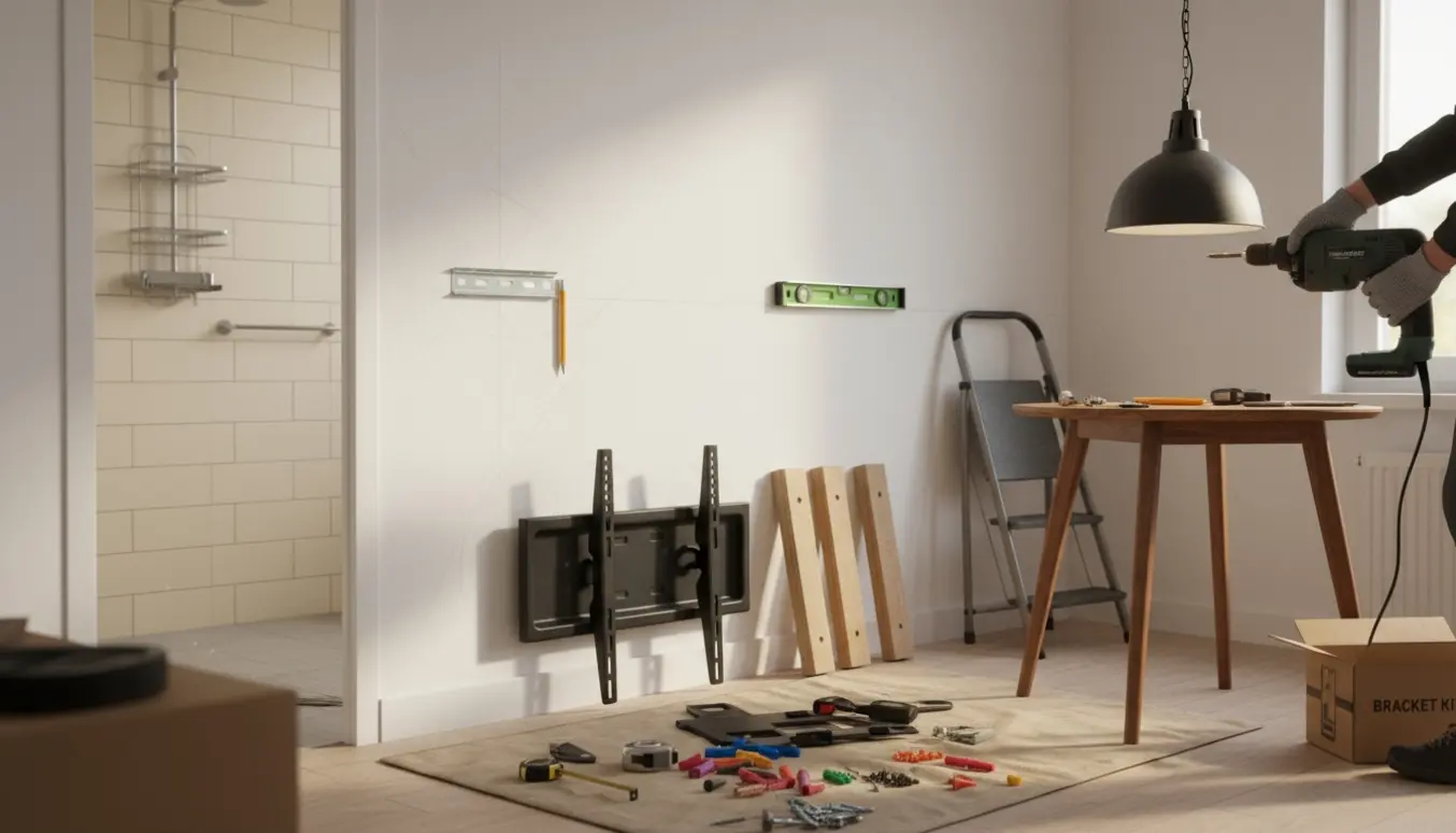 Hænder med en slagboremaskine ved en væg omgivet af beslag, plugs, lamper og andet værktøj klar til ophæng.