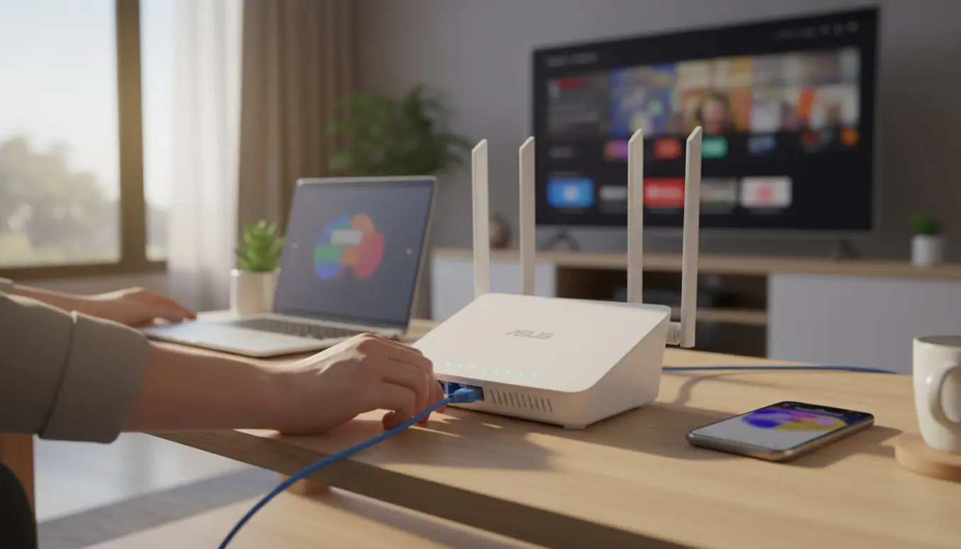 Nærbillede af en hvid wifi-router på et bord mens hænder tilslutter et Ethernet-kabel, med telefon, bærbar og TV sløret i baggrunden.