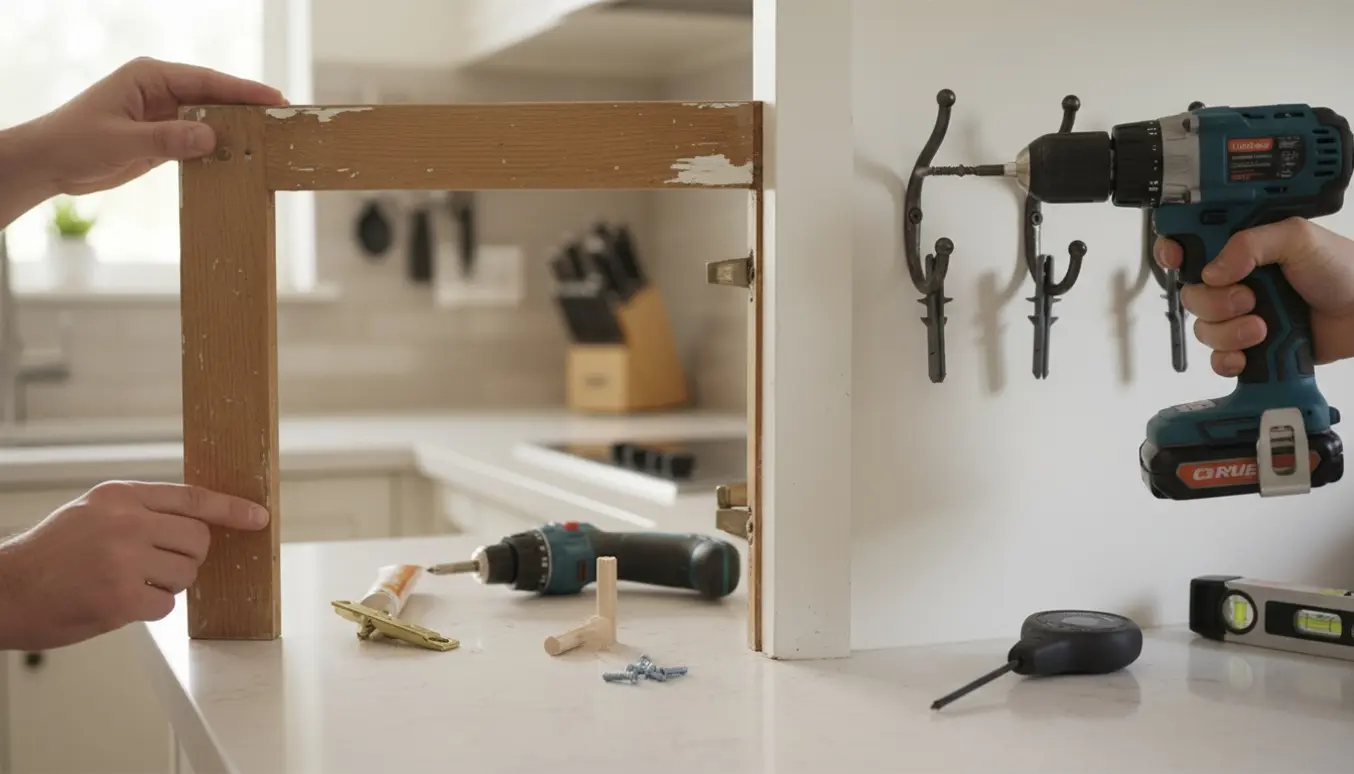 Hænder genmonterer en køkkenskabsdør og fastgør en tung knage til overtøj i et lyst køkken.