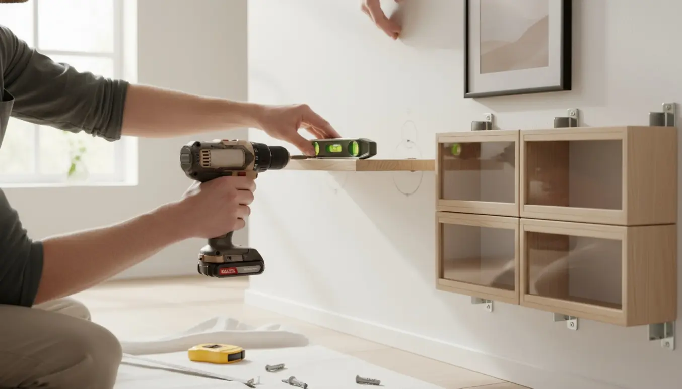 Nærbillede af hænder, der monterer en hylde, et billede og fire væghængte skokasser i en lys gang.