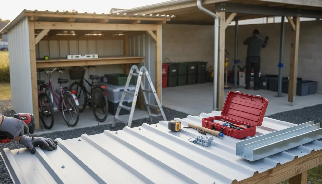 Cykelskur og carport under udendørs reparation med nye trapezplader, tagrende og værktøj.