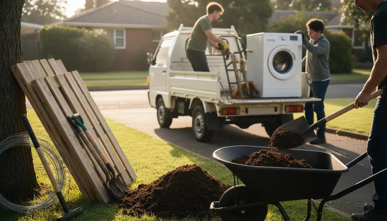 Hvidevarer lastes i en varebil, mens jord fyldes i en trillebør ved hegnspaneler klar til opsætning.