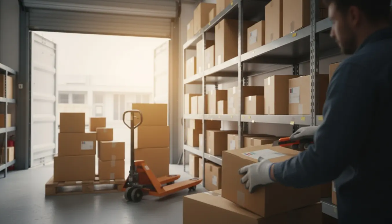 En arbejdstager pakker papkasser ud fra en åben container ind i et lille butikslager.