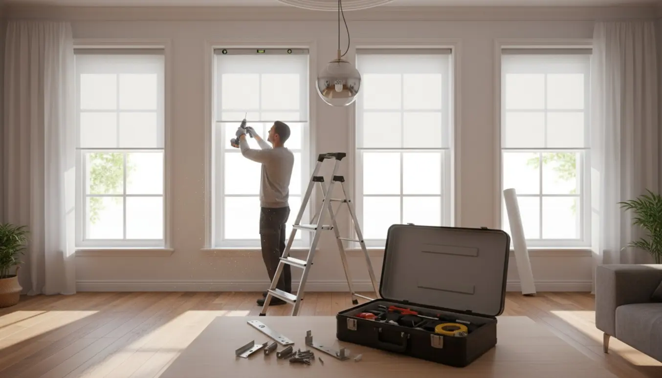 Håndværker på stige monterer fire rullegardiner ved række vinduer og installerer en loftslampe med værktøj i forgrunden.