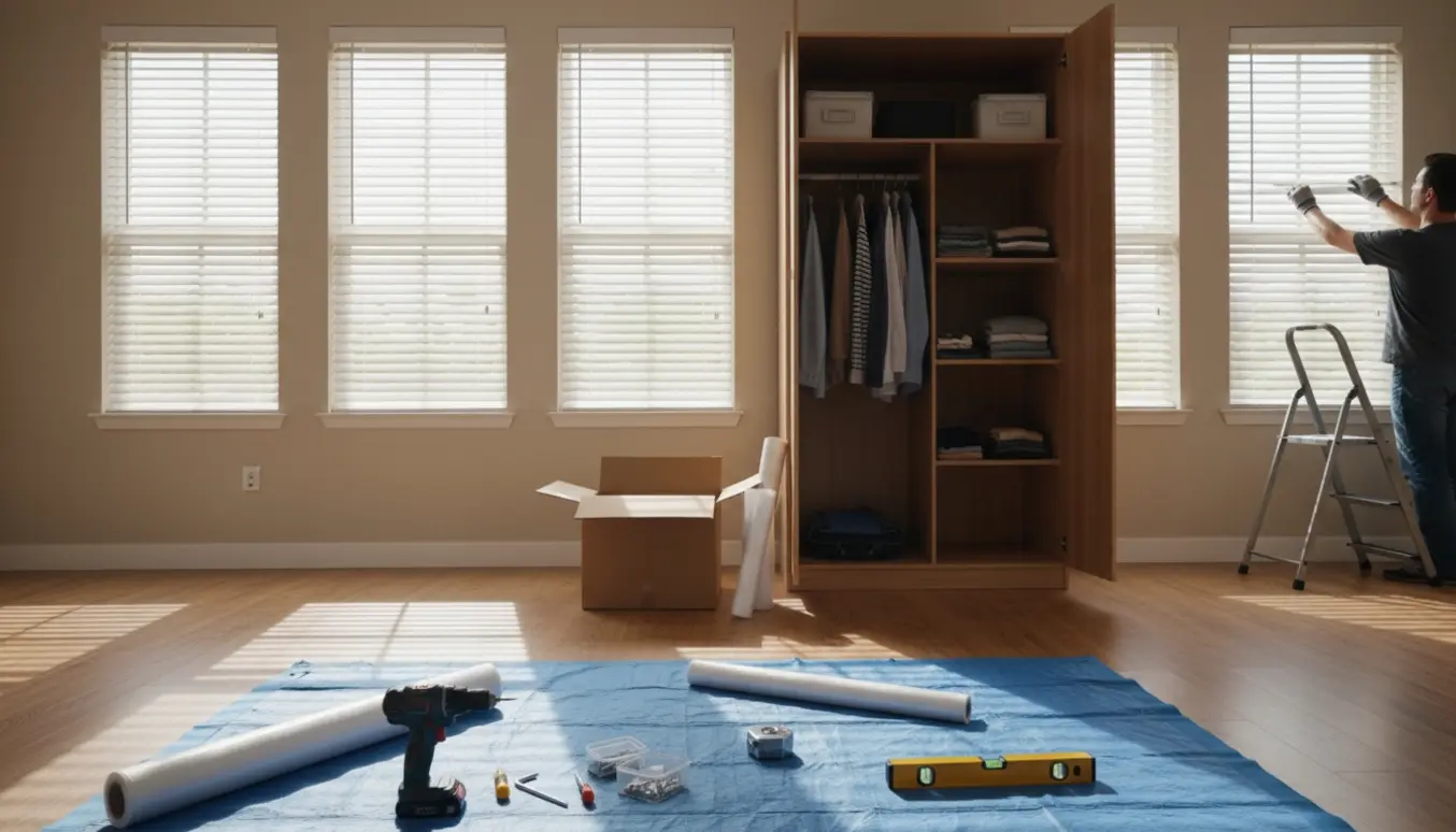 Soloplyst soveværelse med fem opsatte persienner, nyligt samlet klædeskab og værktøj lagt klar.