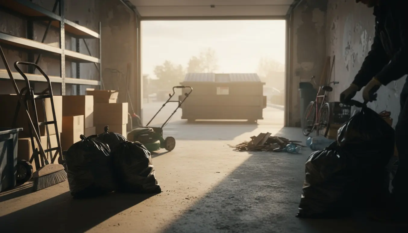 Inde i en garage pakkes skrald i sorte sække foran en åben garageport med en container udenfor.