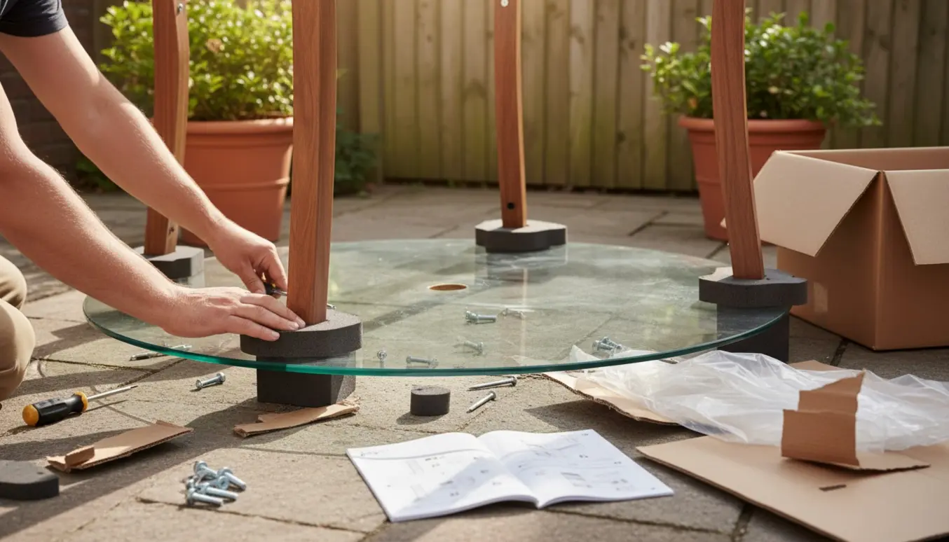 Nærbillede af hænder, der samler et rundt havebord på en solrig terrasse med emballage og værktøj.