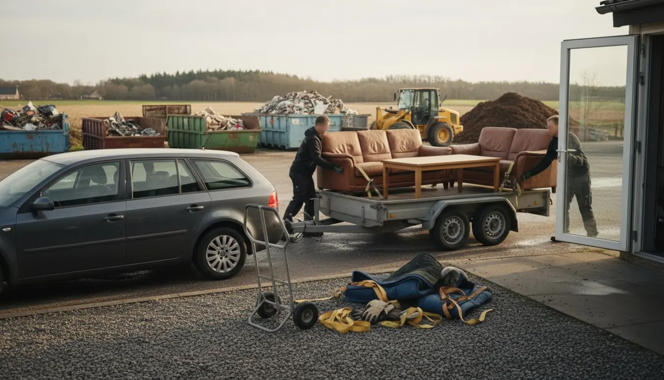 To personer læsser en brun 3- og 2-personers lædersofa og et træsofabord på en trailer ved en genbrugsplads i Lisbjerg.