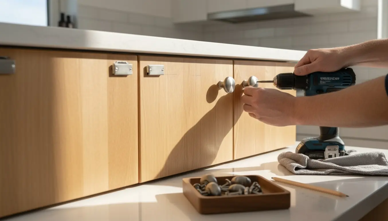 Nærbillede af hænder, der monterer nye knopper på fire træskabslåger med værktøj på køkkenbordet.