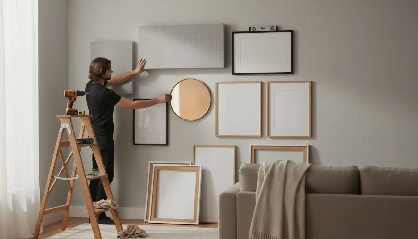 Hænger to akustikpaneler, 6–8 billeder og et rundt spejl op på en neutral væg med værktøj samlet ved siden af.