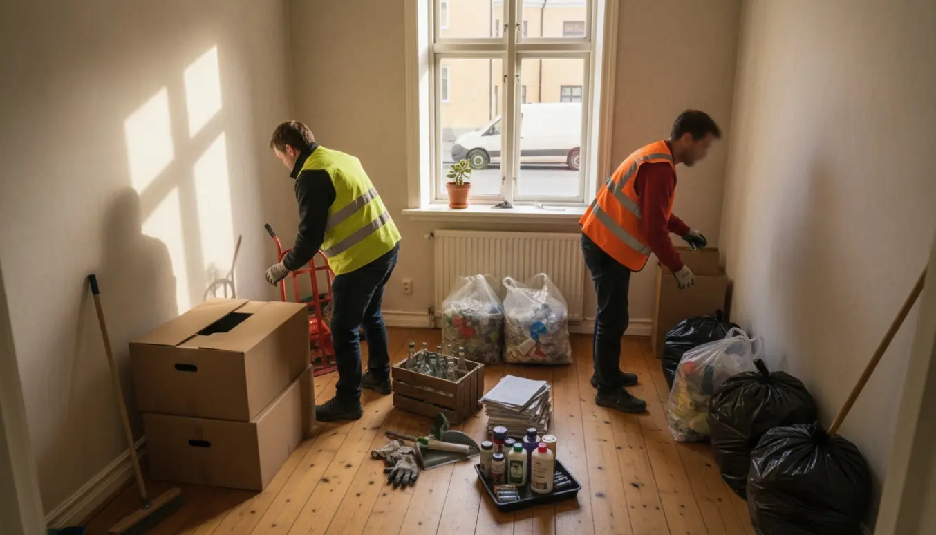 Rydningshold sorterer affald i et lille rum med sække, kasser og tralle klar til afhentning.