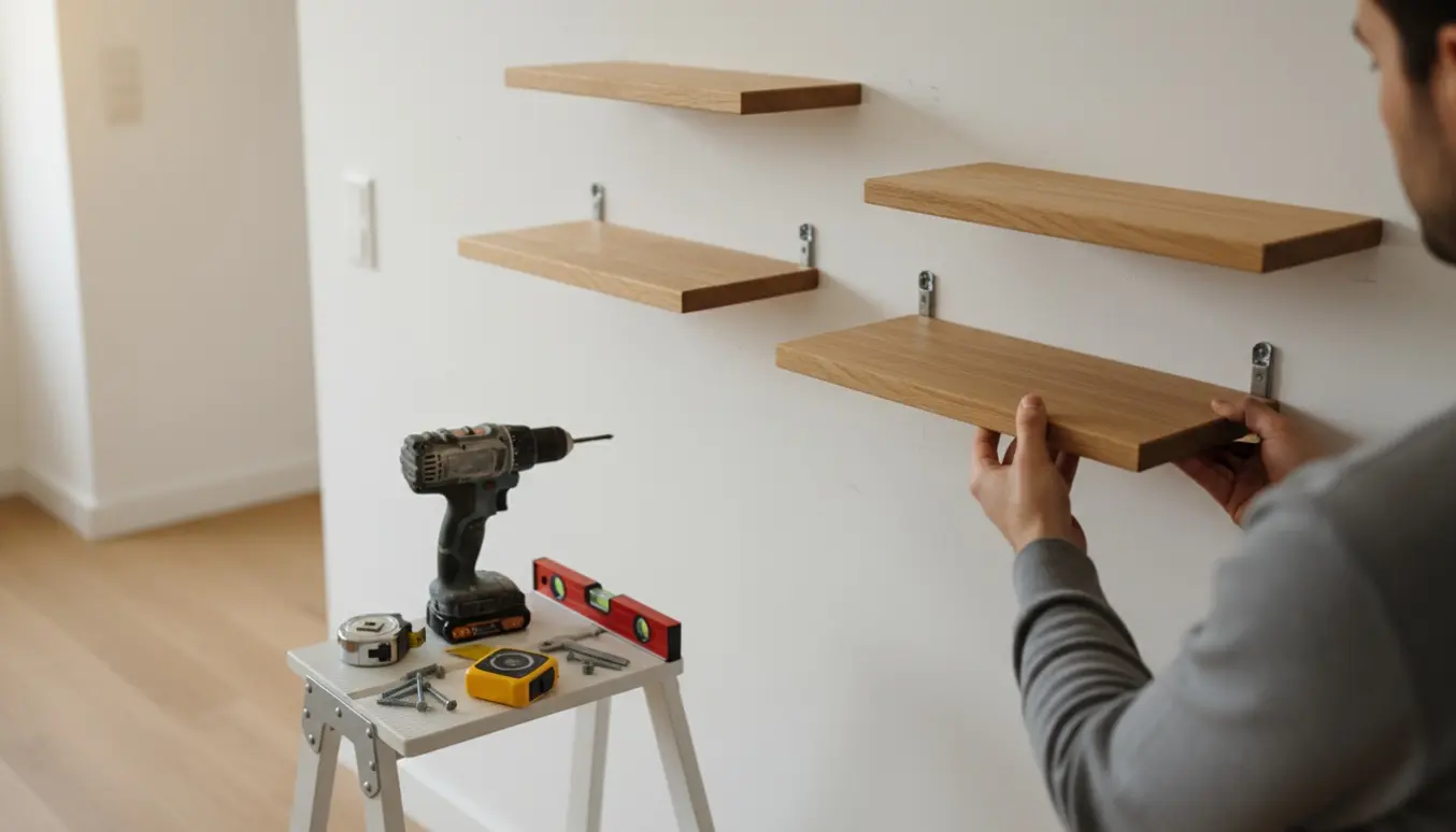 To hænder monterer en af tre små træhylder på en hvid væg med værktøj og vaterpas ved siden af.