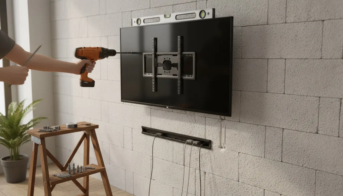 Tv monteres og justeres på en gasbetonvæg med værktøj og kabelstyring i forgrunden.