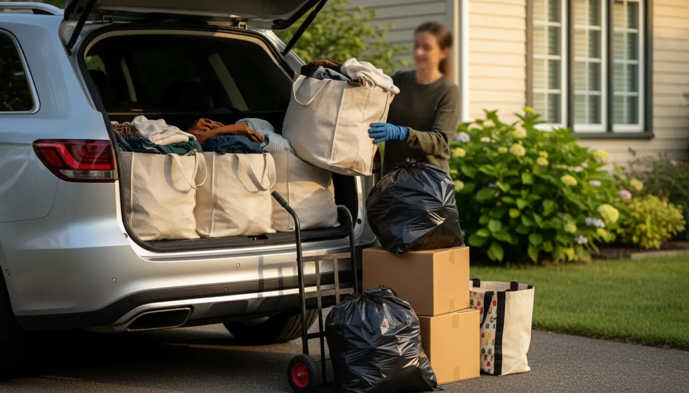 En person læsser fire sække tøj, to sorte affaldssække og to papkasser i bagagerummet til donation og bortskaffelse.