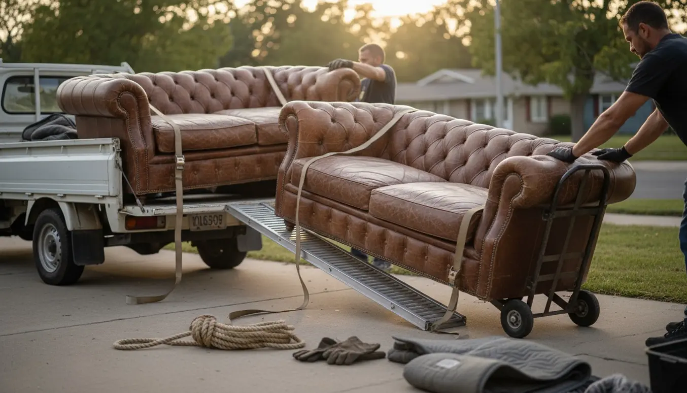 To gamle chesterfield-sofaer læsses på en pickup i en indkørsel klar til afhentning og bortkørsel.