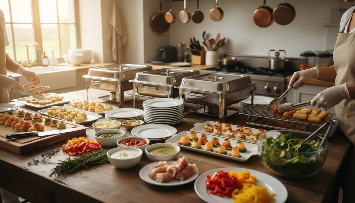 Hænder i forklæder arrangerer småretter og serveringsfade på et køkkenbord til en stor fest.
