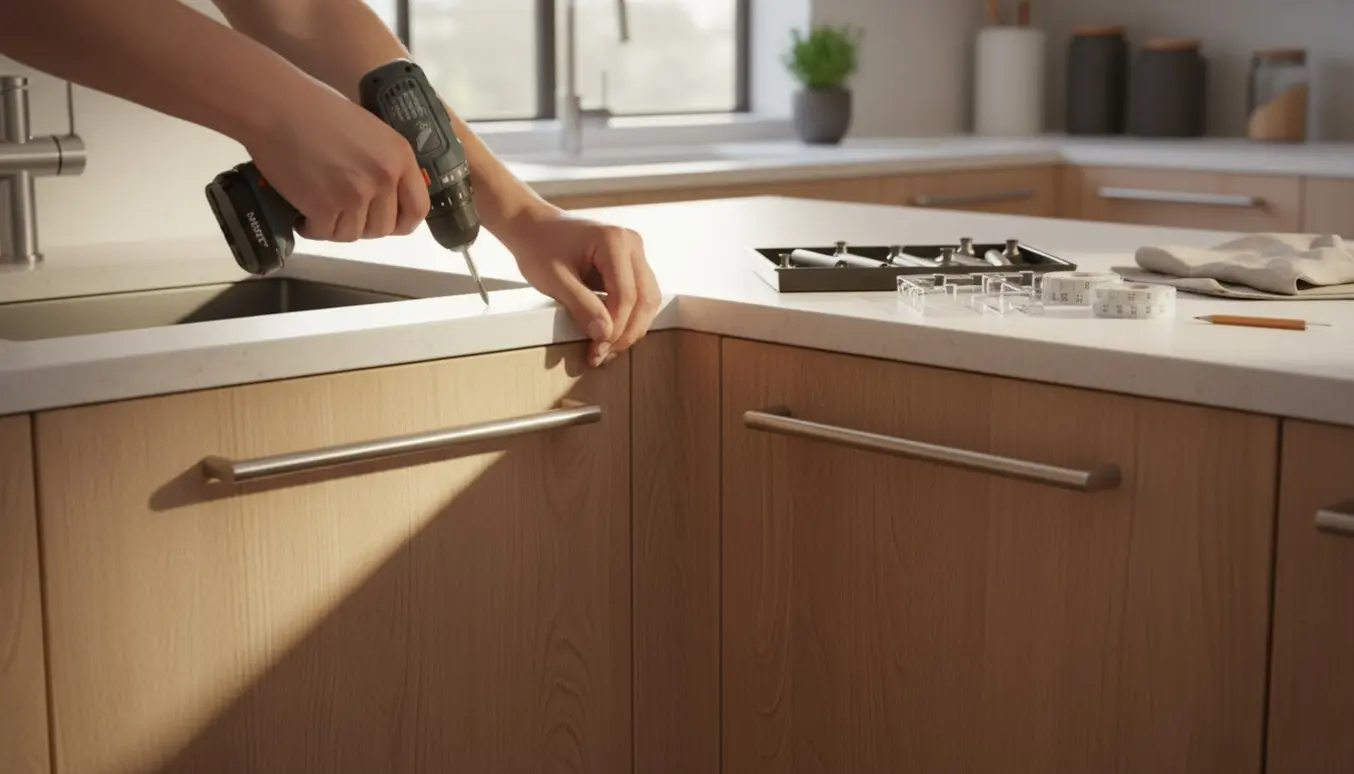 Montering af 35 køkkenhåndtag på træskabe i et lyst, moderne køkken.