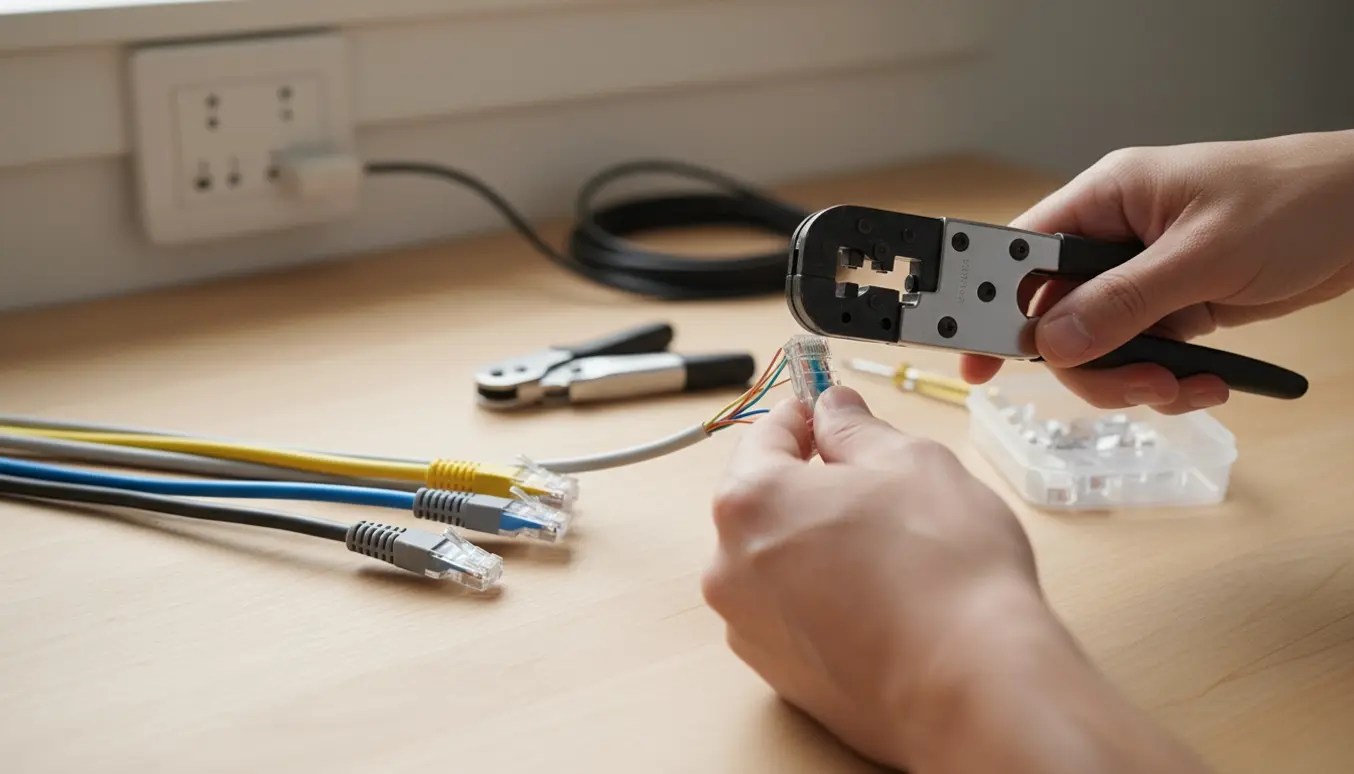 Hænder monterer RJ45-stik på fem ethernetkabler på et lyst arbejdsbord.